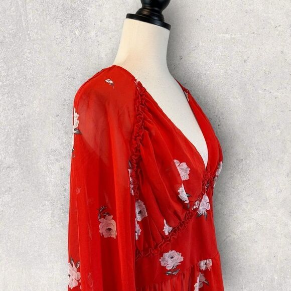NWT Divided H&M Red Sheer Dress V-Neck Chiffon Floral Print Size 10 - Picture 6 of 11